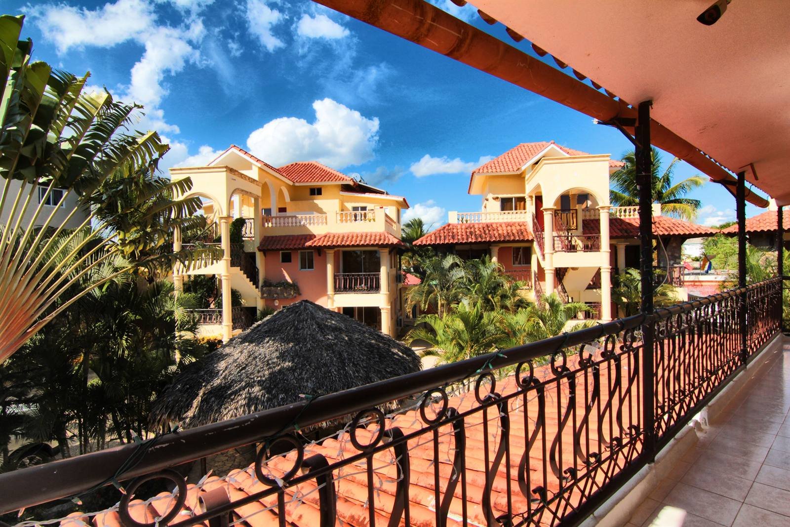 View from an upper balcony over the courtyard and the other buildings
